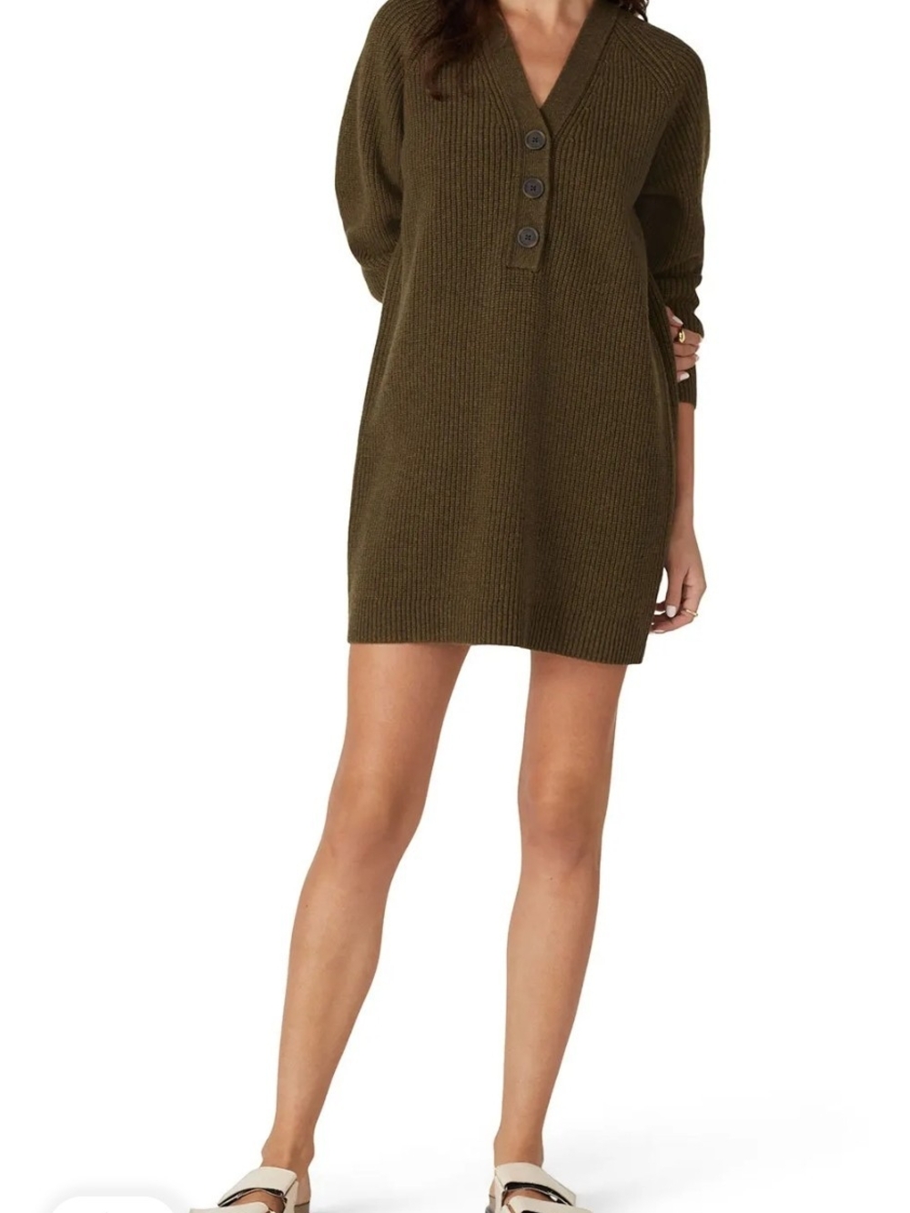 Olive Green Ribbed V-Neck Button Sweater Dress By Madewell